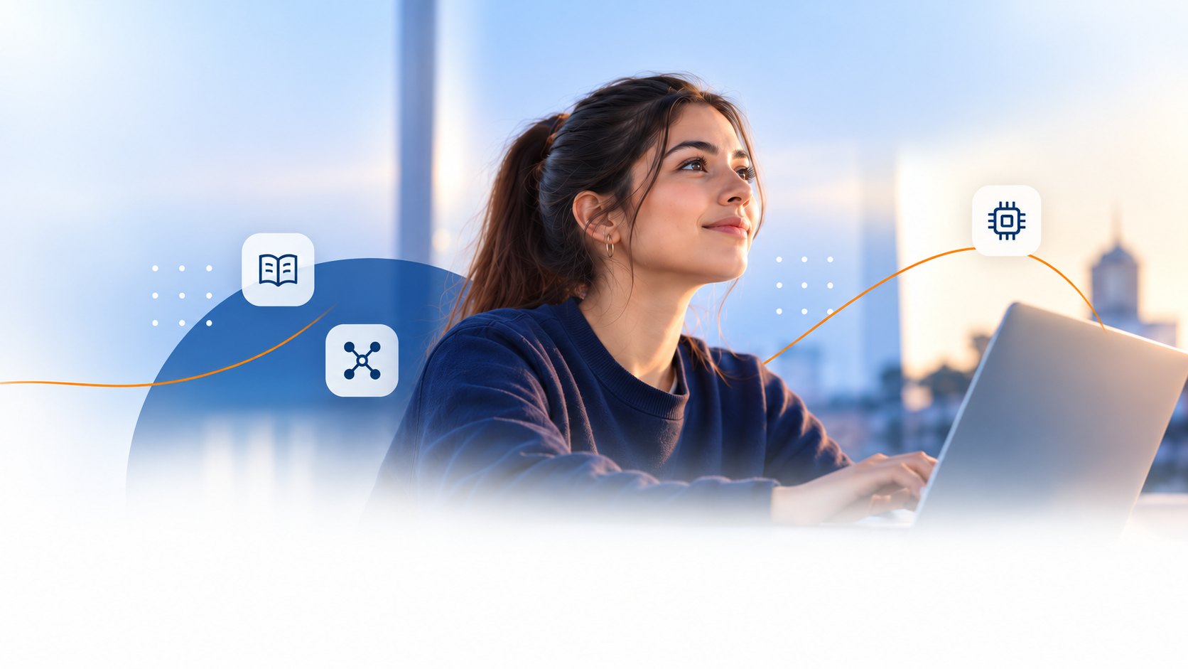 Student working on a laptop with the city in the background